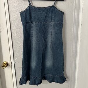 Y2K Me and You Denim Mini Dress | Size L | Ruffle Hem & Spaghetti‎ Straps